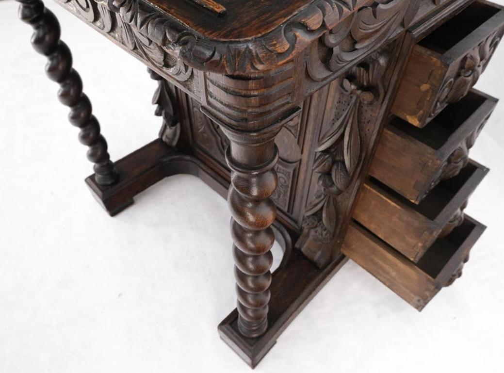 19th Century Davenport Heavily Carved Oak Desk w/ Rope Twist Supports 4 Drawers