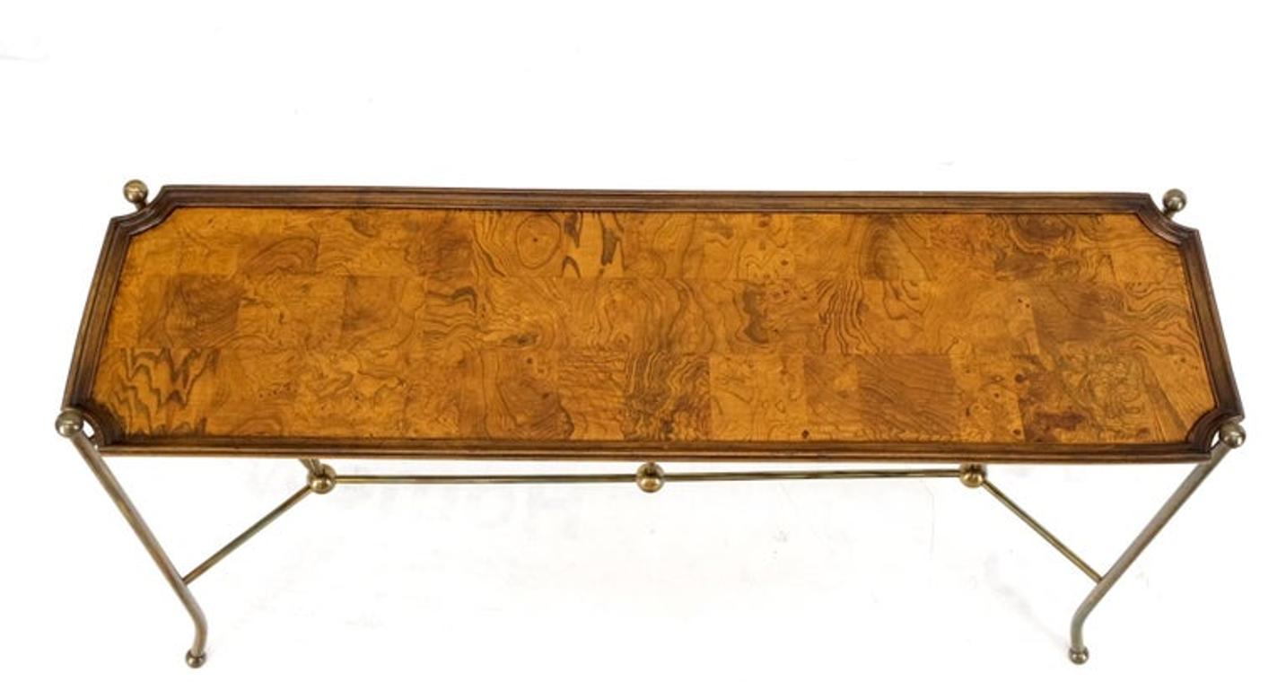 Burl Wood Tray Style Top Brass Tube & Ball Frame Console Sofa Table MINT