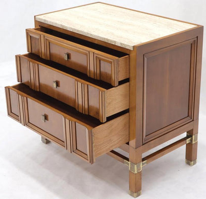 Travertine Top Three Drawers Bachelors Chest with Brass Pulls and Accents