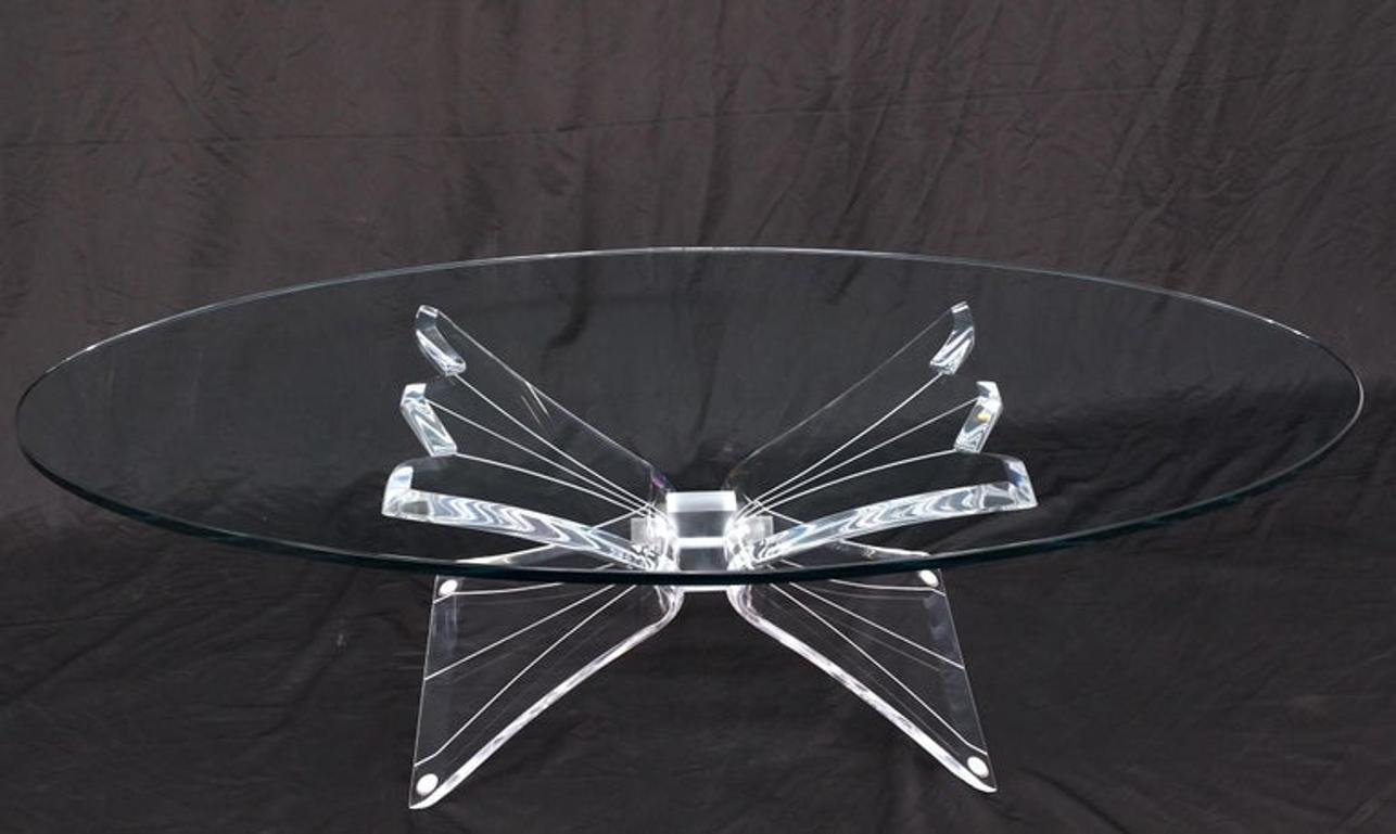 Lucite Bow Tie Butterfly Wing Shape Base Oval Glass Top Mid Century Coffee Table