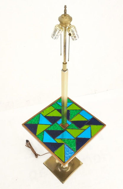 Green Blue Art Glass Square Mosaic Top Side End Table Floor Lamp Mid-Century