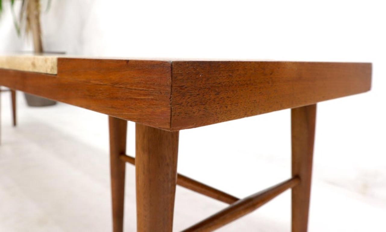 Long Rectangular Walnut Coffee Table w/ Two Travertine Inserts