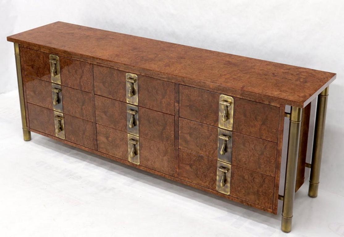 Mastercraft Burl Wood and Brass Hardware Long 9 Drawers Credenza Dresser
