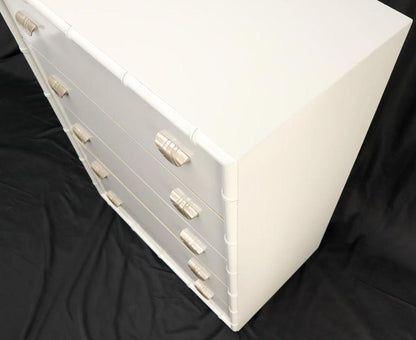 Faux bamboo off white lacquer scallop shape art deco pulls high chest dresser.