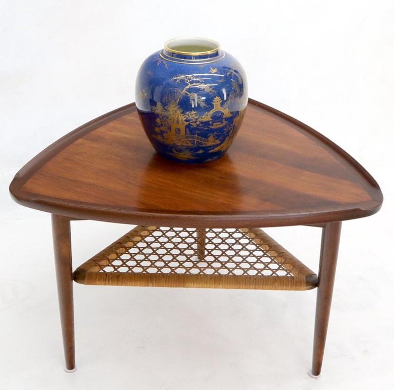 Rounded Triangular Shape Danish Mid-Century Modern Side Occasional Table Cane