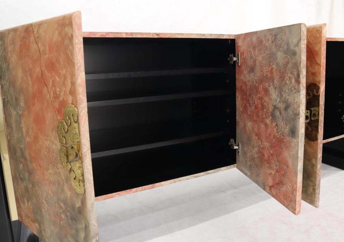 Four Doors Black Lacquer Faux Finish Brass Hardware Pull Credenza Dresser Server