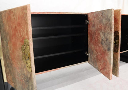 Four Doors Black Lacquer Faux Finish Brass Hardware Pull Credenza Dresser Server