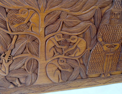 Carved Solid Teak Long Rectangle Wall Plaque Relief Sculpture Depicting Villager