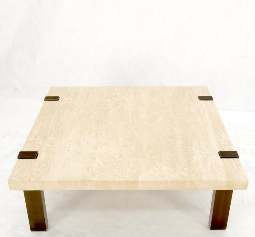 Solid Bronze Base Thick Square Solid Travertine Top Coffee Center Table Mint!