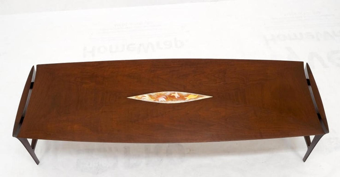 Oiled Walnut Tile Insert Floating Top Mid-Century Long Surfboard Coffee Table