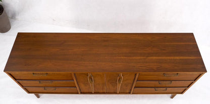 Long Walnut 9 Drawers Two Doors Mid-Century Modern Dresser Credenza Burl Accents