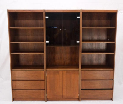 3 Bay Mid-Mentury Modern Walnut Glass Doors Bookcase Wall Unit Curio Cabinet