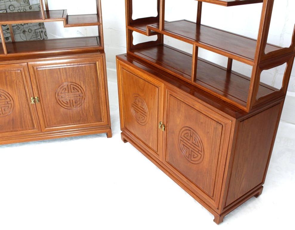 Pair of Asian Solid Teak Étagères Double Carved Doors Cabinets