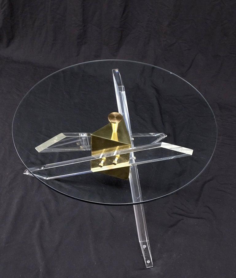 Brass & Lucite Round Glass Top Coffee Occasional Table Clean!