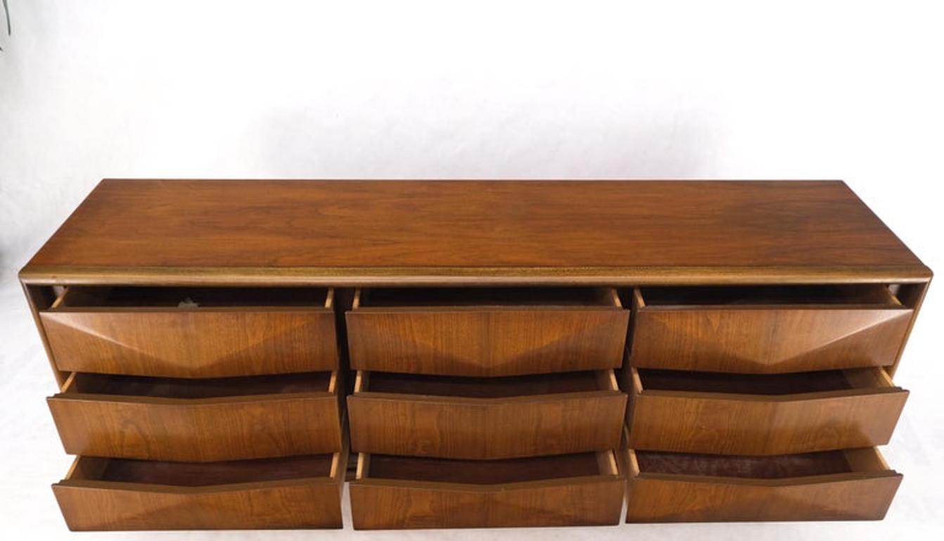 Mid-Century Modern Sculpted Walnut 9 Diamond Front Drawers Dresser Mint