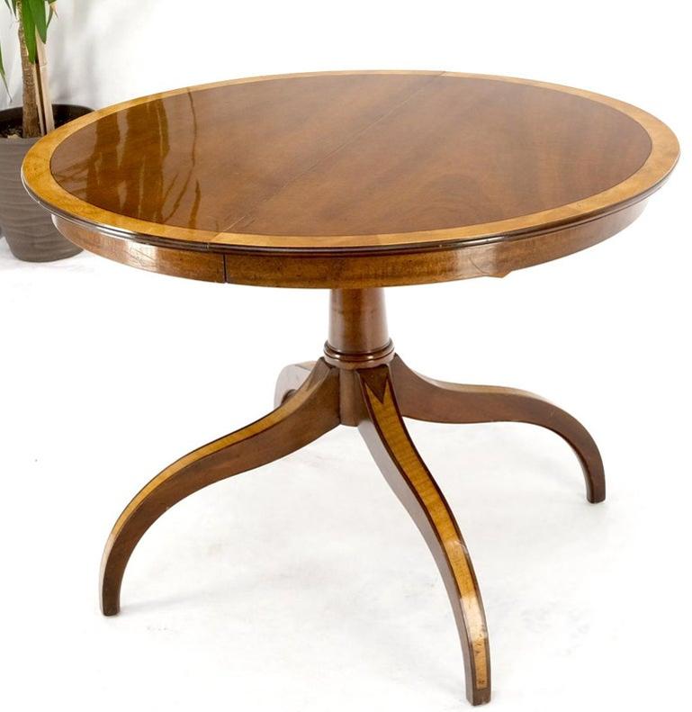 Charak Lacquered Mahogany Banded Round Dining Table w/ 2 Leaves Inlaid Legs Mint