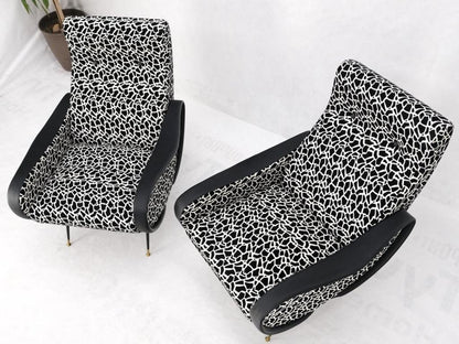 Pair Black & White Pattern Fabric Italian Mid Century Modern Lounge Chairs Mint