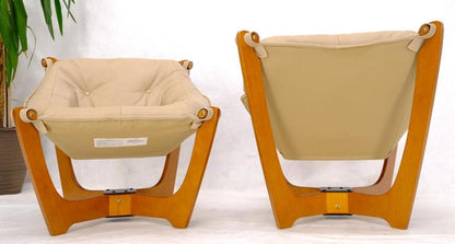 Pair of Mid Century Danish Modern Teak Frames Leather Sling Seat Lounge Chairs