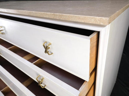 Paul Frankl for Johnson White Wash Marble Top 10 Drawers Dresser Brass x Pulls