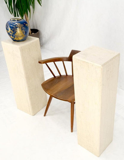 Mid-Century Modern Square Beveled Tall Travertine Marble Pedestals End Tables