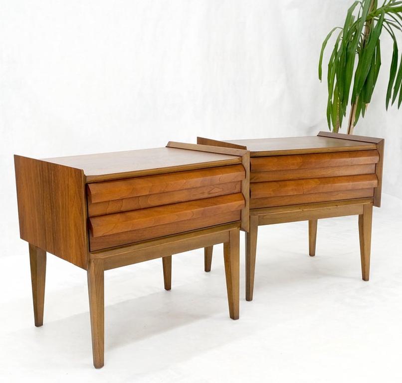 Pair Two Drawers Walnut Mid-Century Modern End Side Night Stands Tables Mint!