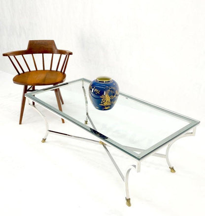 Mid Century Brass Hoof Feet Chrome Base Glass Top Rectangle Coffee Table MINT!