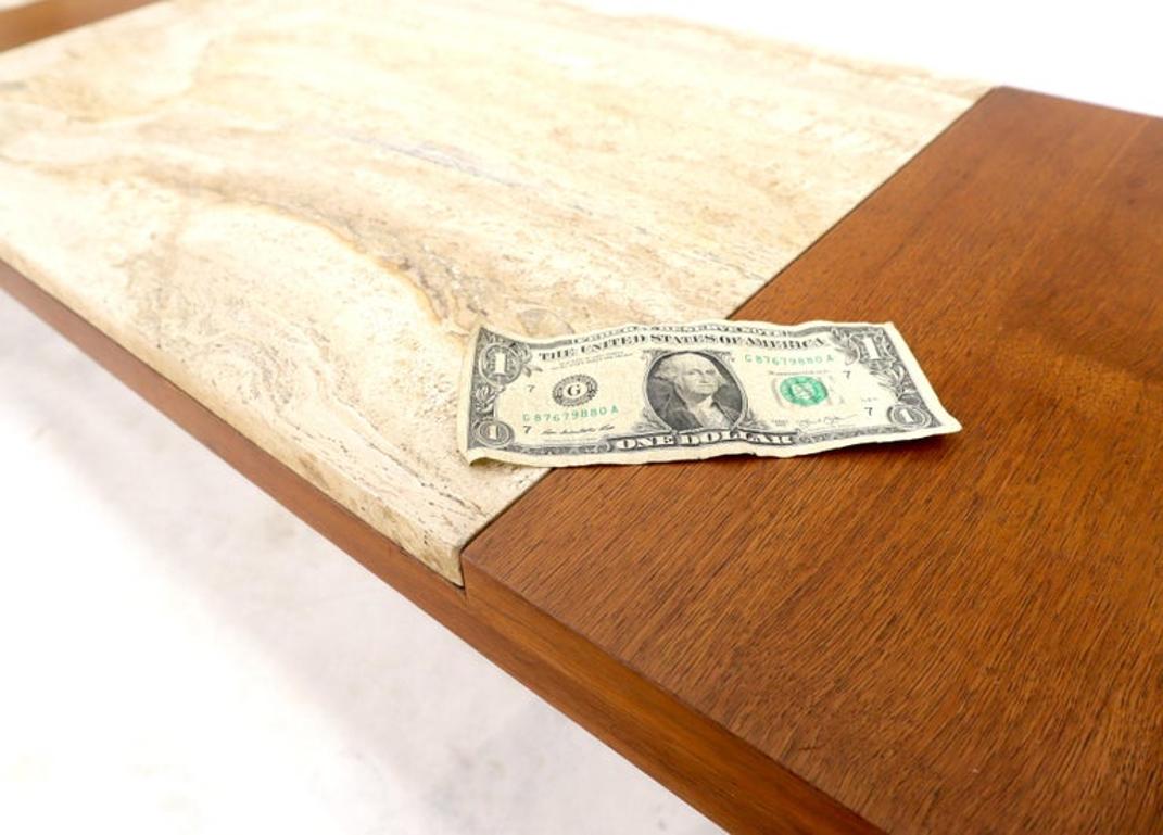 Long Rectangular Walnut Coffee Table w/ Two Travertine Inserts