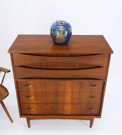 Danish Mid-Century Modern 5 Drawers High Chest Dresser Bow Tie Pulls Dowel Leg