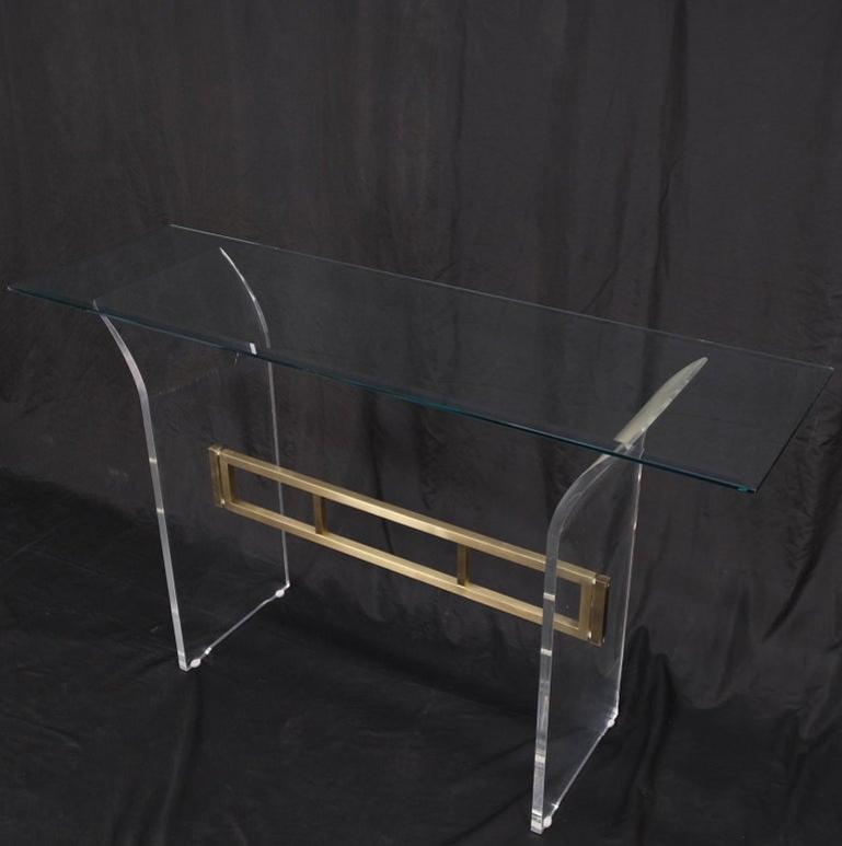 Lucite & Brass Base Glass Top Console Sofa Table Mid-Century Modern Mint
