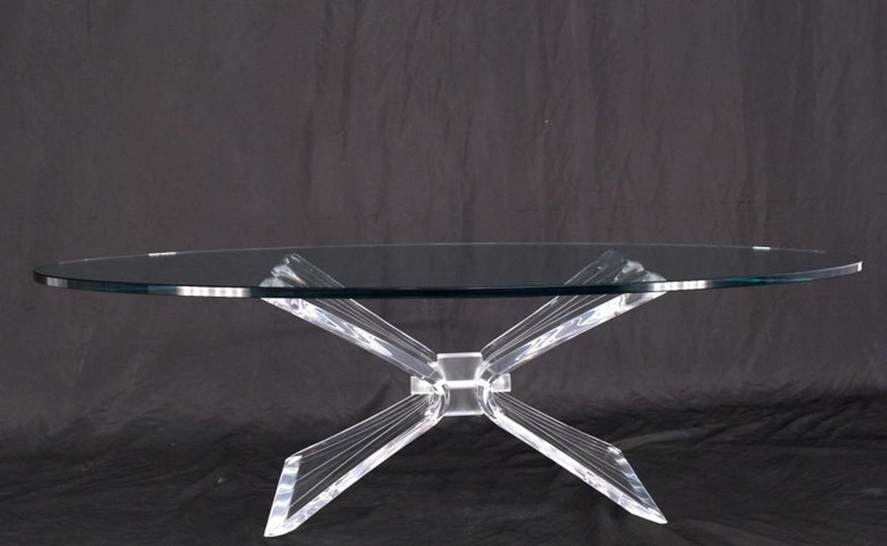 Lucite Bow Tie Butterfly Wing Shape Base Oval Glass Top Mid Century Coffee Table