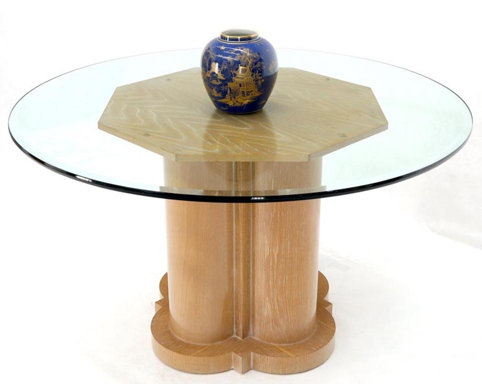 Cerused Oak Triple Cylinder Base Round Glass Top Dining Conference Table
