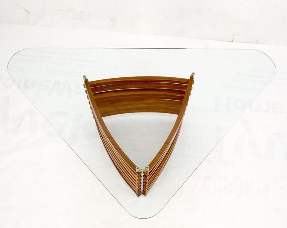 Danish Mid-Century Modern Teak Slats Triangular Base Glass Top Coffee Table Mint