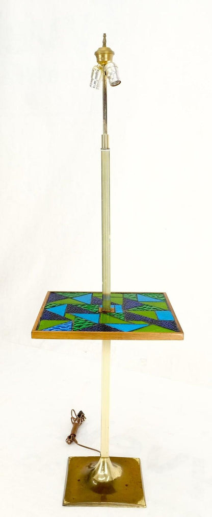 Green Blue Art Glass Square Mosaic Top Side End Table Floor Lamp Mid-Century