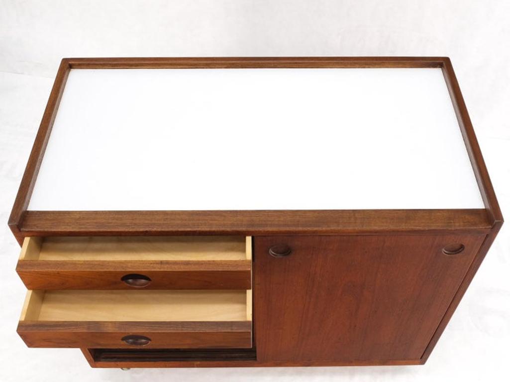 Teak Danish Modern Petit Serving Credenza on Wheels Bar Liquor Cabinet Dresser