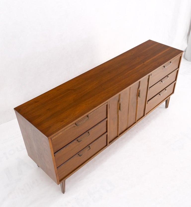 Long Walnut 9 Drawers Two Doors Mid-Century Modern Dresser Credenza Burl Accents