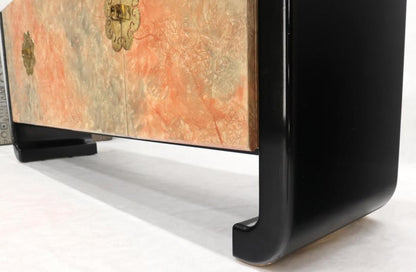 Four Doors Black Lacquer Faux Finish Brass Hardware Pull Credenza Dresser Server