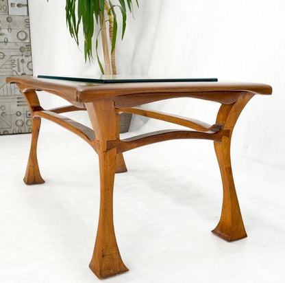 Art Nouveau Solid Carved Teak Unusual Rectangle Coffee Table Thick Glass Top