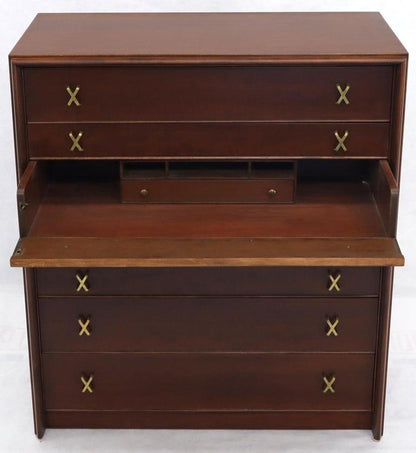 Paul Frankl Brass X-Pulls Brown Cherry High Chest with Drop Front Secretary