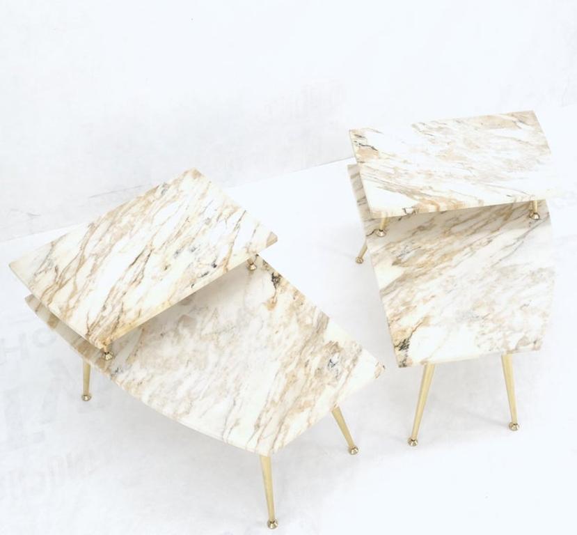 Pair of Asymmetrical Wedge Two Tier Marble Top Tapered Brass Legs Side End Table