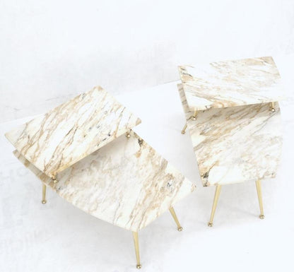 Pair of Asymmetrical Wedge Two Tier Marble Top Tapered Brass Legs Side End Table
