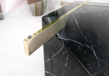 Black Cube Shape Marble Base Brass Stretchers Square Glass Top Coffee Table