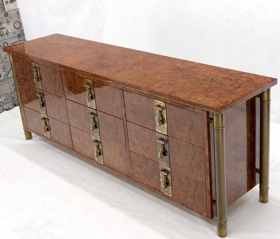 Mastercraft Burl Wood and Brass Hardware Long 9 Drawers Credenza Dresser