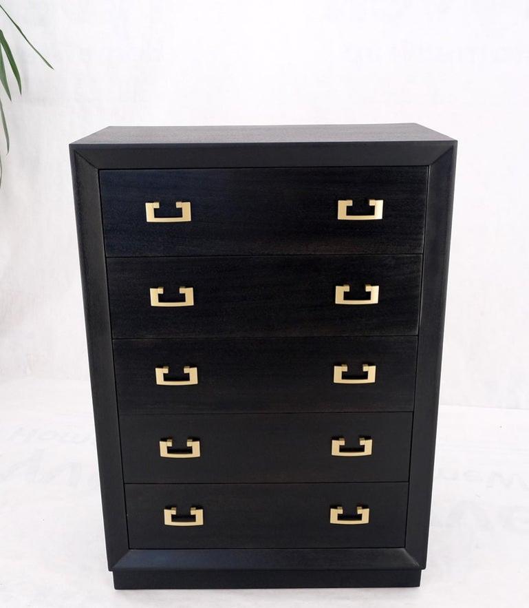 Ebonized Black Lacquer Mahogany Tall 5 Drawers Dresser Gold Bracket Pulls MNT
