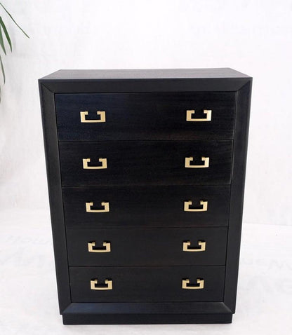 Ebonized Black Lacquer Mahogany Tall 5 Drawers Dresser Gold Bracket Pulls MNT