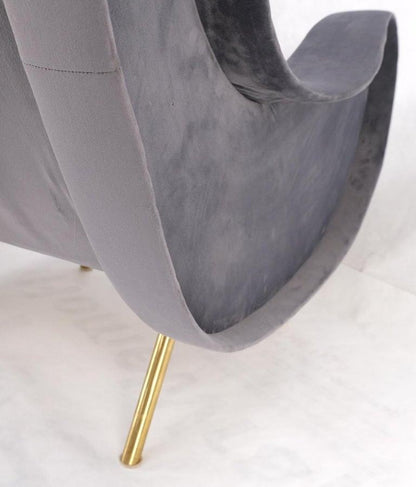 Pair Italian Mid-Century Modern Brass Legs Grey Arm Lounge Chairs