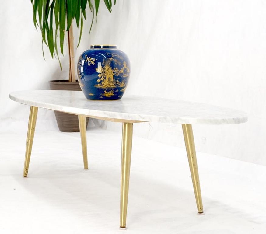 White Oval Carrara Marble Top Italian Mid-Century Modern Coffee Table Brass Legs