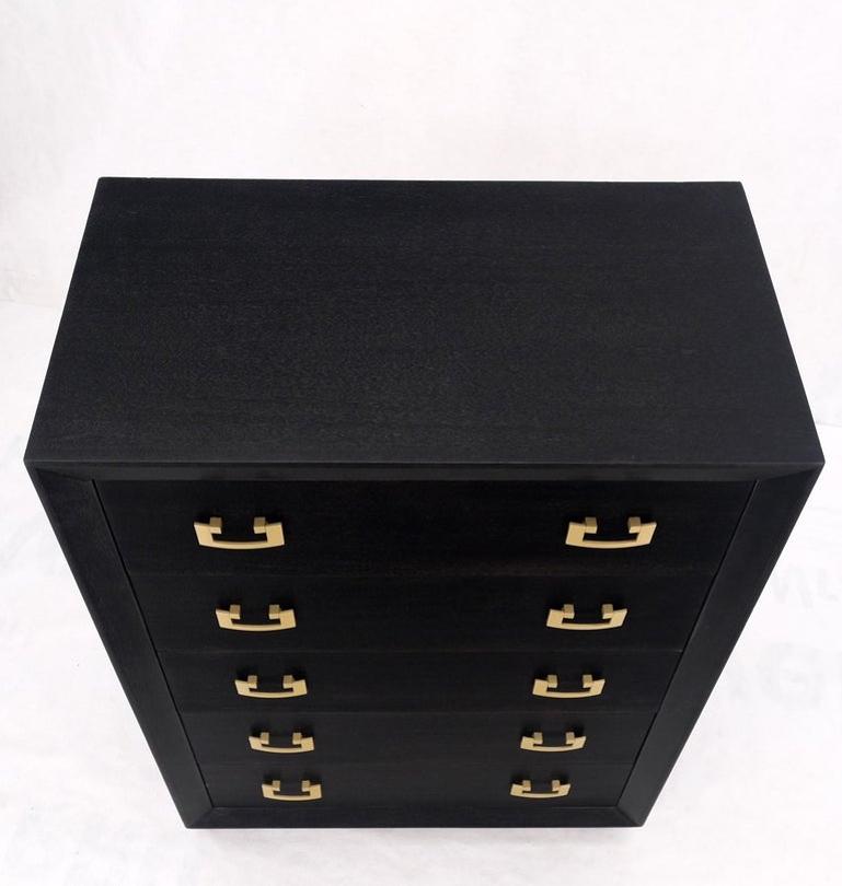 Ebonized Black Lacquer Mahogany Tall 5 Drawers Dresser Gold Bracket Pulls MNT