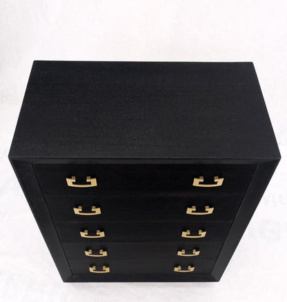 Ebonized Black Lacquer Mahogany Tall 5 Drawers Dresser Gold Bracket Pulls MNT