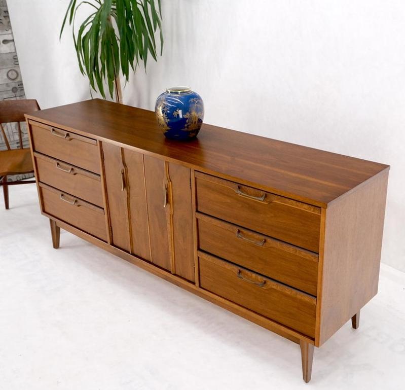 Long Walnut 9 Drawers Two Doors Mid-Century Modern Dresser Credenza Burl Accents