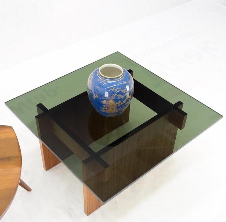 Danish Mid-Century Modern Teak Smoked Glass Square Coffee Table MINT!